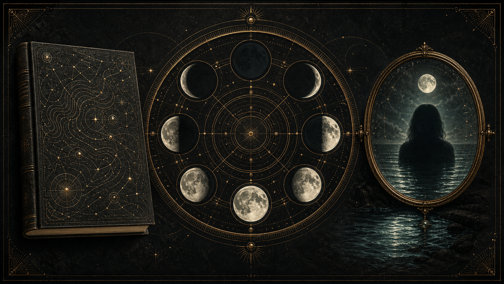 A moonlit image fading from a profile journal to a timing instrument with moon phases to a reflective mirror by the water.
